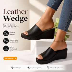 Elegant Black Leather Wedge for Women.