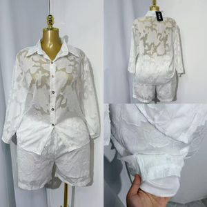 Women's Floral Lace Button-Up Shirt & Shorts 2-Piece Set –White.