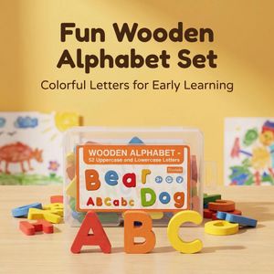 52PCS Wooden Alphabet Blocks for Kids, Colorful Uppercase & Lowercase Letters, Early Learning Spelling Building Blocks Toy