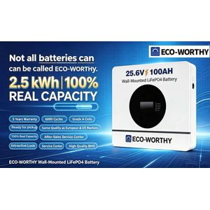 Iconic ECO-WORTHY 25.6V 100AH LiFePO4 Battery - 2.5kWh Wall-Mounted Solar Inverter Battery, 6000 Cycles, 5 Year Warranty