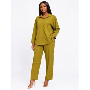 Women’s Loose Fit Long Sleeve Button-Up Two-Piece Set – Olive Green