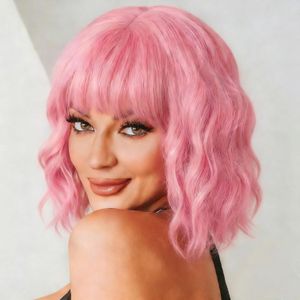 Pink Short Wavy Bob Wig With Bangs Synthetic Hair Women Party Cosplay Wig 3 In 1 Set With Wig Net Comb