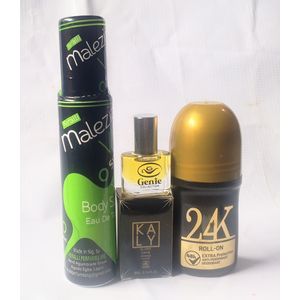 Perfume Deodorant 3 in 1 of Malezia VIP Splash Spray EDP 100ml, Kaly Black Oil Perfume 5ml  and 24KBlack Roll 50ml (Unisex), NAFDAC Number: Spray: A2-4464 , Kaly: A2-103593, Roll On: A2-101005