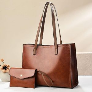 Luxury Brown Leather Tote Bag Set with Matching Pouch – Large Capacity Women’s Shoulder Handbag