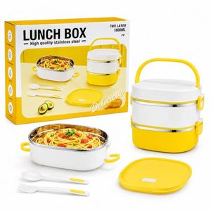 2-Layer Stainless Steel Lunch box 1800ml Food Storage Container With Handle ,Spoon & Fork