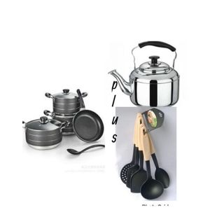 Non stick cooking pot set -24cm,22cm,20cm frying pan 24cm plus 4 liters whistling kettle plus 5pcs non stick cooking spoon