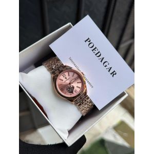 POEDAGAR luxury wristwatch features a rose gold stainless steel strap and a matching case