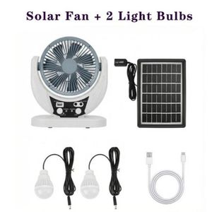 4-in-1 Rechargeable Desk Fan 7-inch+ Solar Panel + Two Light Bulbs + Phone Charging Capability