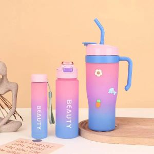 3-in-1 Aesthetic Gradient Water Bottle Set- Travel and Sport bottles - 1200ml, 500ml & 260ml - Pink/Purple Ombre with beautiful stickers