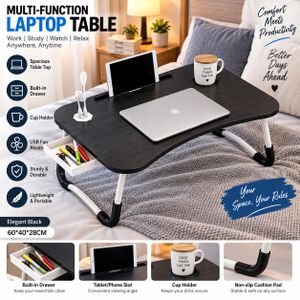 MULTIPURPOSE FOLDABLE LAPTOP TABLE WITH CUP HOLDER AND DRAWER STORAGE(BLACK)