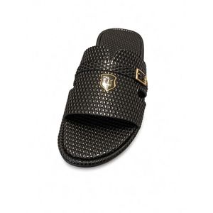 Mens Genuine Leather Pam Slippers-Black