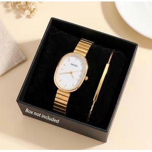 Clo 2pcs/Set Ladies Elegant Style Quartz Watch Temperament Easy Golden Bracelet Style Ladies Watch Luxury Oval Dial Push Button design 