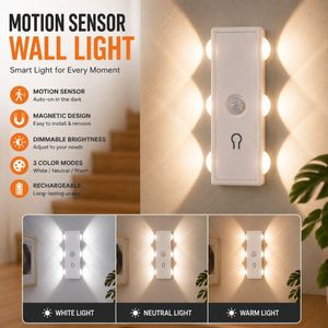 Rechargeable Motion Sensor Wall Light, Magnetic Dimmable LED Night Light with 3 Color Modes for Bedroom, Hallway & Stairs