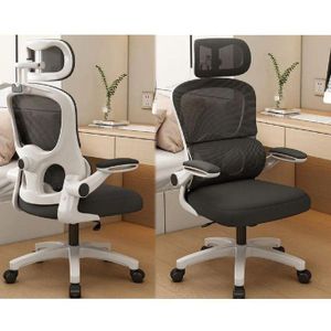 Ergonomic Home & Office Chair With Flip Armrest & Lumber Support -WHITE BLACK