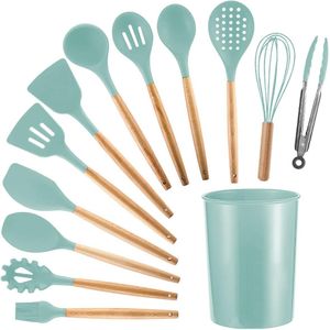 12PCS Silicone Non-Stick Cookware Kitchen Utensils Set for Kitchen Wooden Handle Spatula Egg Beaters Kitchenware Accessories