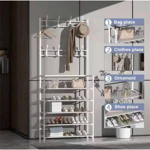 4-Tier Shoe Rack with Hanging Hooks – White Metal Storage Organizer