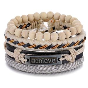Natural Vintage style 4 Stacked Genuine Leather, Rope & Wood Bead Bracelets