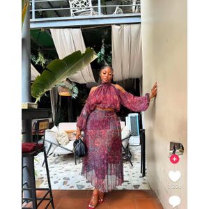 Women's Printed Chiffon Two-Piece Skirt Set – Cold Shoulder Long Sleeve Crop Top & Pleated Maxi Skirt