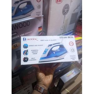 Sonik Steam Iron (Model SI-2007S3) featuring a white and blue design.It operates at 700 watts and includes specialized features like a spray/burst function, vertical steam capabilities, and self-cleaning.