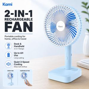 Kami Rechargeable Portable Table Fan – 2-in-1 Handheld & Desktop Fan.Quiet Powerful Cooling.4000mAh Long-Lasting.3 Speeds.Perfect for Hot Weather/Power Outage-Blue