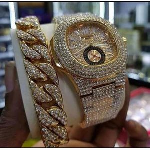 Cuban Solid Stone-ice Men's Gold Watch & Handchain 