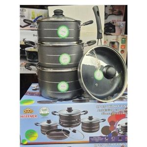 8-piece Höffner non-stick aluminum cookware set featuring grey textured pots and a matching frying pan with glass lids
