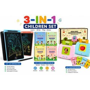 3-in-1 Kids Learning & Creativity Combo Set – 12" Inches LCD Writing Tablet + Magic Groove 4-in-1 Copybook + 112 Flash Cards Talking Reader