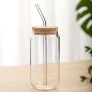 Beautifful Round Glass Cup With Bamboo Lid And Straw
