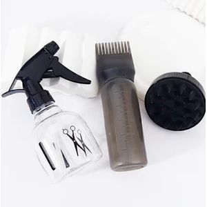 Clo Set of 3 Hair Salon Tool Kits, Dyeing Bottle, Refillable Spray Mist Bottle - Transparent Body with Scissor Pattern Design, Shampoo Massage Brush, Suitable for Home And Salon Use