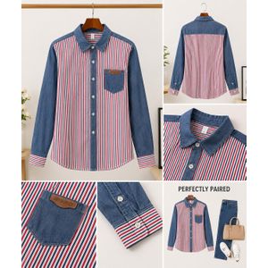 Harz Unisex Long Sleeve Striped Denim Patchwork Shirt Size 8