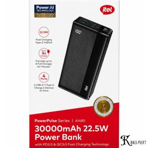 itel PowerPulse I 30000mAh A1480 22.5W Fast Charging Digital Display Type-C In-put & Out-put Power Bank