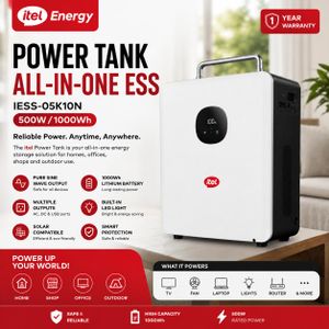 itel Power Tank All-in-One ESS 500W/1000Wh Portable Solar Generator – Backup Power Station for TV, Fan, Laptop & Lights