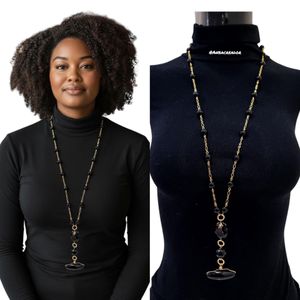 Black Onyx and Gold Lariat Necklace