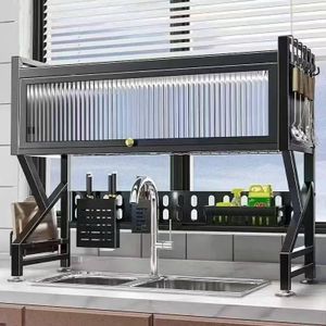 over-the-sink dish drying rack with a dustproof cabinet door. It is a highly efficient kitchen space-saver designed to sit directly above a double kitchen sink