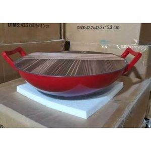 Premium Chinese Cast Iron Wok Pan – Enamel Round Bottom Frying Wok with Wooden Cover  36CM BIG SIZE