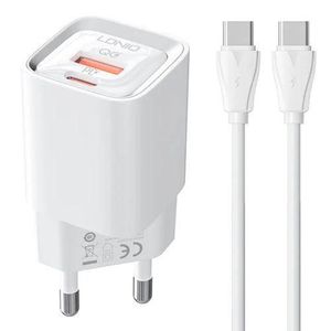 LDNIO original 30W PD & QC 3.0 Fast Charger EU Plug + USB-C to type-C data Cable, Dual USB Ports (USB-C + USB-A), quick Wall Charger for iPhone 15,16,17 Samsung Galaxy, s21 ultra, S22 ultra, S23 ultra and various Android mobile phones