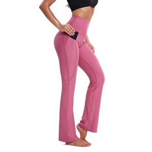 Fashion (Pink)Women's High-Rise Stylish Yoga Flare Leggings Solid Color  Slimming Booty Lifting Workout Sports Tights With Pocket DOU
