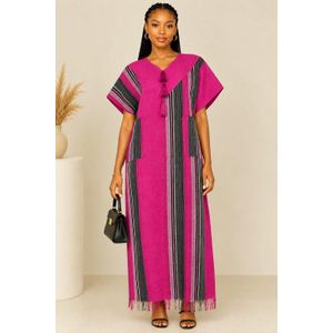 Women's Fuchsia Pink African Print Aso Oke Kaftan Dress – Striped Maxi Boubou Gown with Tassels & Pockets