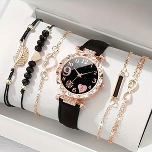 6PCS Women Watch Bracelet Set Watches Heart Dial Leather Band Quartz Casual Wrist Watches