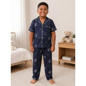 boys navy blue printed short sleeve pyjama set