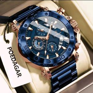 POEDAGAR Big Sized High Quality Men's Chronograph Multifunctional Chain Blue Wristwatch 