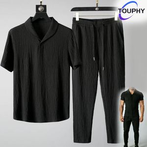 TOUPHY Men's T-Shirts Short-Sleeve And Pants Set – Comfortable Textured Fabric