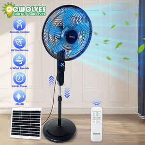 QCWOLVES 18 Inch Standing Fan Industrial Fan, Solar Fan with 4 Speeds, Wide-Angled Oscillation, Remote Control, Powerful Airflow, Adjustable Height,Pedestal Floor Fan for Bedroom, Black