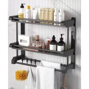 2-Tier Bathroom Organizer Shelf - Wall Mounted Multipurpose Storage Rack with Towel Bar & Hooks - Carbon Steel - Black 