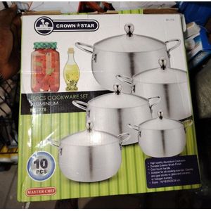 Crown Star Master Chef 10 Pieces Aluminium Cookware Pot Set - Silver