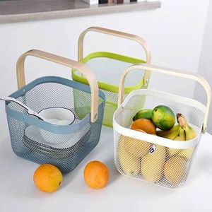 Fruit Basket Portable Wooden Handle Metal Basket Storage Basket Kitchen 1pcs