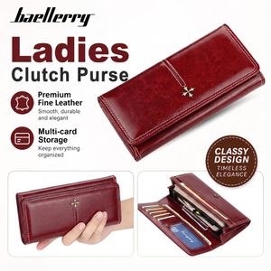 Baellerry Women PU Leather Tri Fold Wallet Long Clutch Purse Zipper Pocket Multiple Card Slots Large Capacity Ladies Wallet Claret