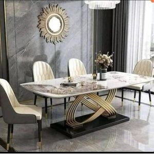 Luxury 6 Seater Marder Dining Table Set -Sintered Stone Dining Table With Gold Twisted Base + 4/6 Leather Chairs-Modern Dining Set