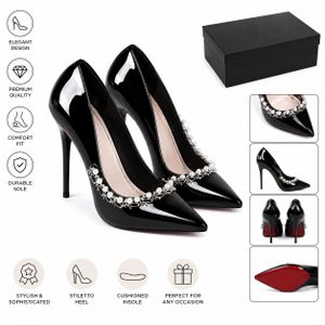 Fashion Boutique Women’s Luxury Pearl Embellished Pointed Toe Stiletto Heels – Elegant Glossy Court Shoes with Gift Box