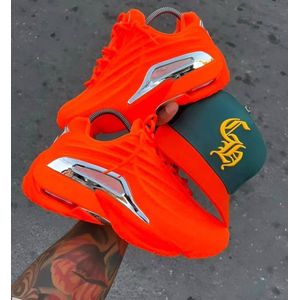 Unisex Neon Orange Low-Top Chunky Athletic Sneakers – Metallic Chrome Side Accent Shoes